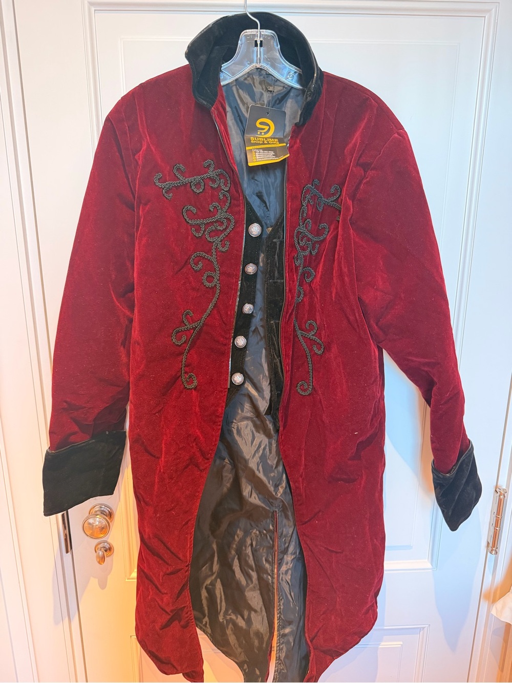 Red Velvet Embroidered Long Coat with Black Trim